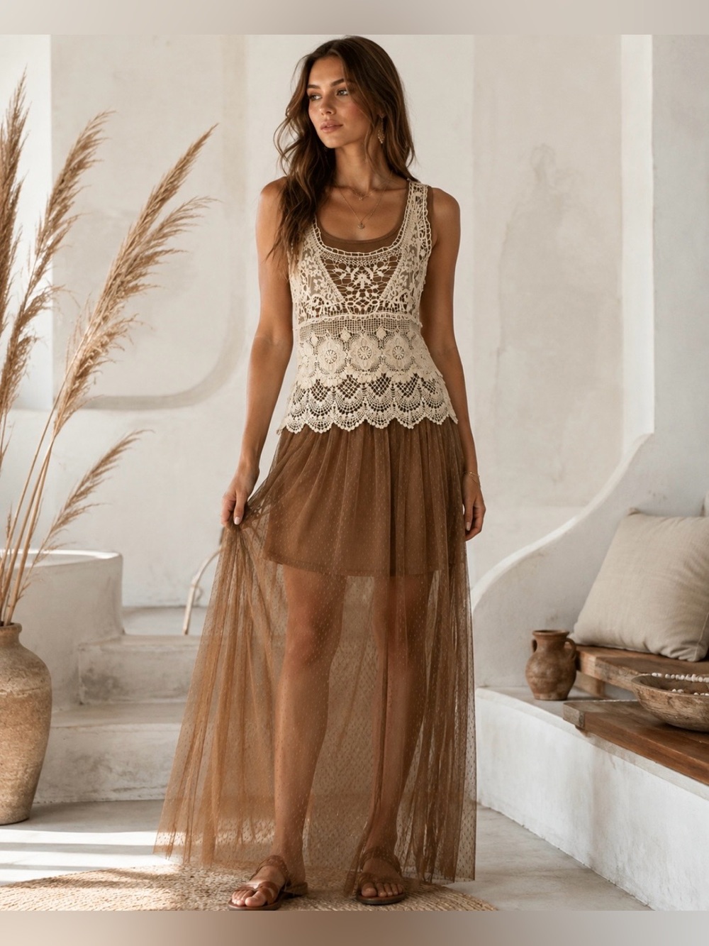 Ryu M/L Brown Sheer Mesh Maxi Dress Crochet Lace Vest Boho Festival